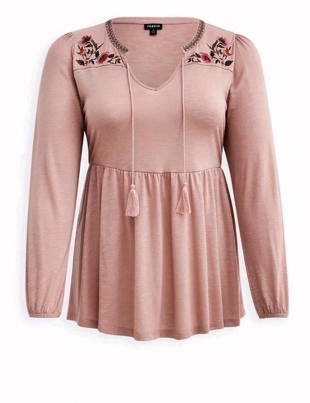 Torrid Women's Size 1X Balloon Sleeve Pink Babydoll Embroidered V Neck Top Shirt